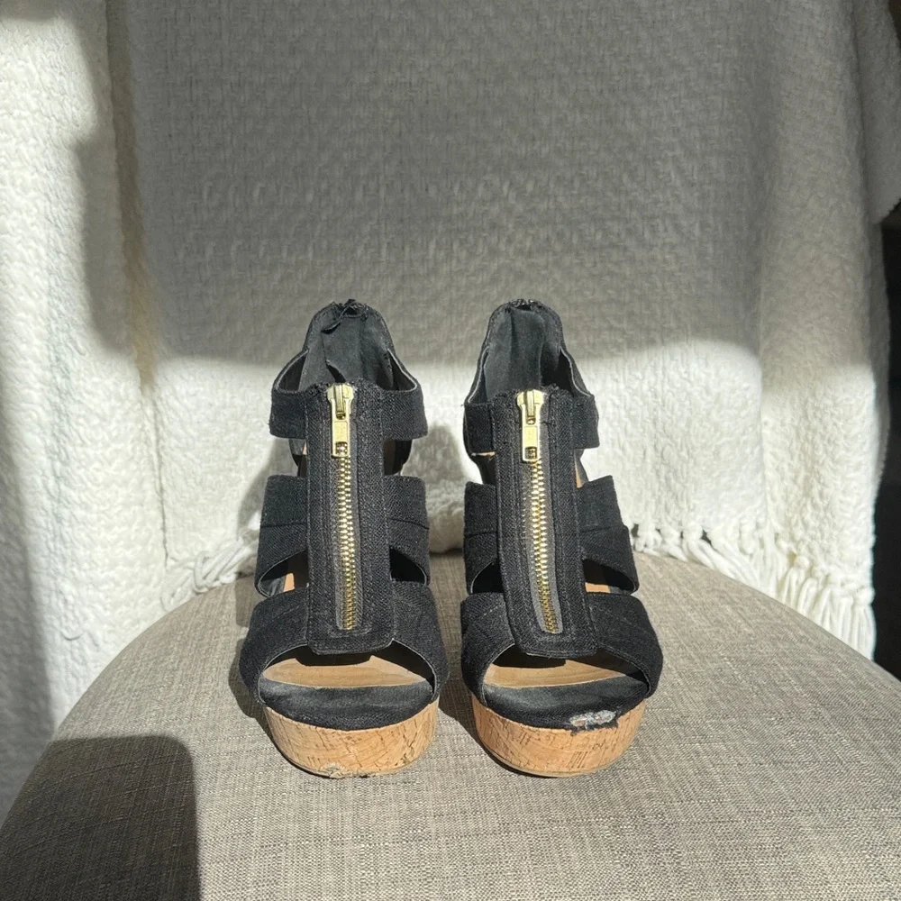 Soda Black Wedge Sandals with Cork Heel